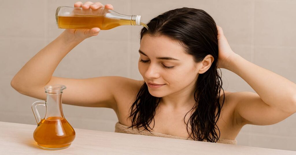 girl pouring (apple cider vinegar rinse on hair) proven to be among the best dandruff natural remedies
