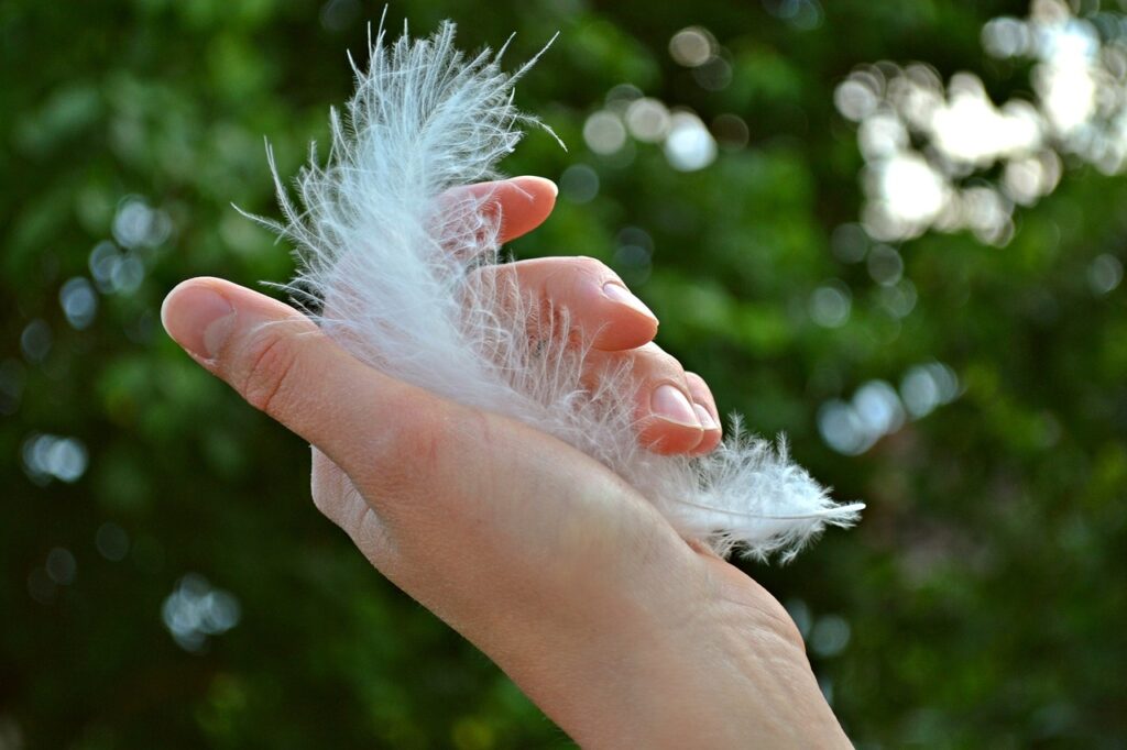 holding a feather in hand