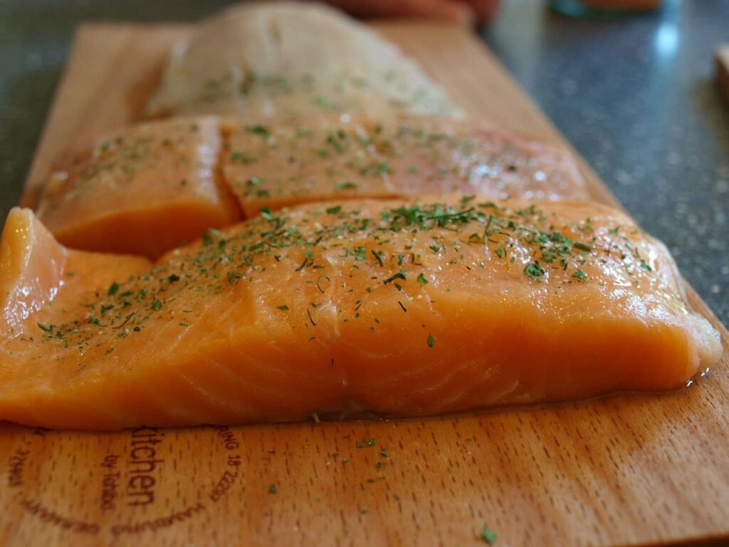 Raw salmon seasoned with herbs and spices, rich in omega-3s and protein—one of the collagen-boosting foods that make you younger.